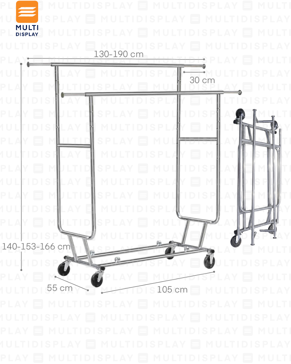 Pechero Doble Barra Extendible con Ruedas 105x55x166cm Cromado