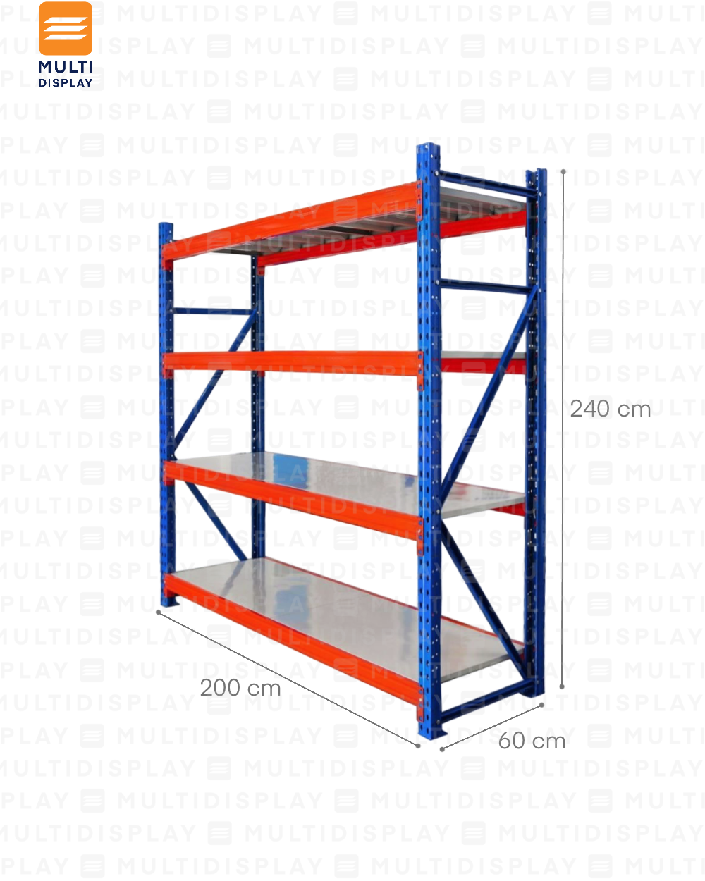 Estante de Deposito Inicial 450kg 4 niveles, 200x60x240cm, Marca CMJ, Azul Naranja