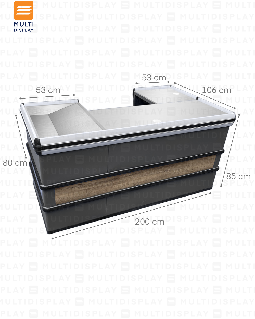 Mueble Caja Metal, con Mesa Auxiliar 200x53x85cm y 53x53x85cm, Izquierda, Gris