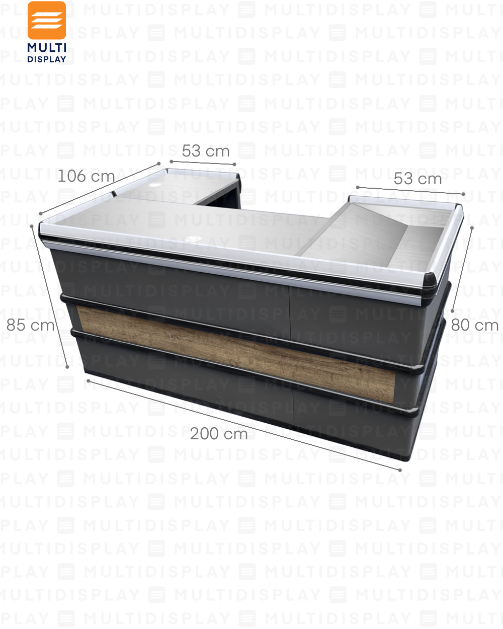 Mueble Caja Metal, con Mesa Auxiliar 200x53x85cm y 53x53x85cm, Derecha, Gris