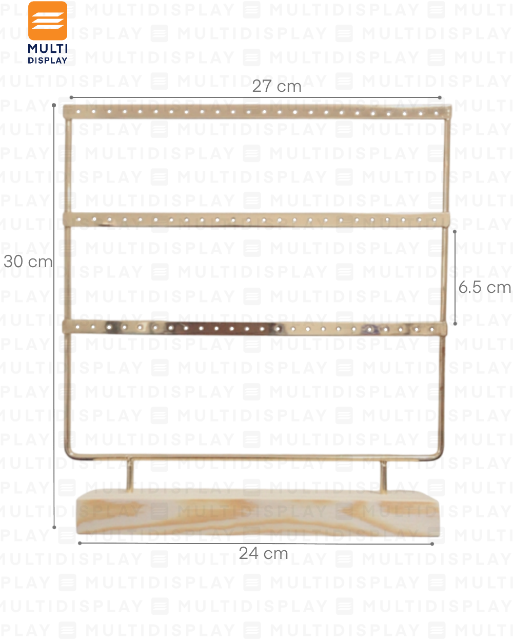 Exhibidor de Arete Tablero Metalico, 3 Niveles 24x31.5cm, Dorado