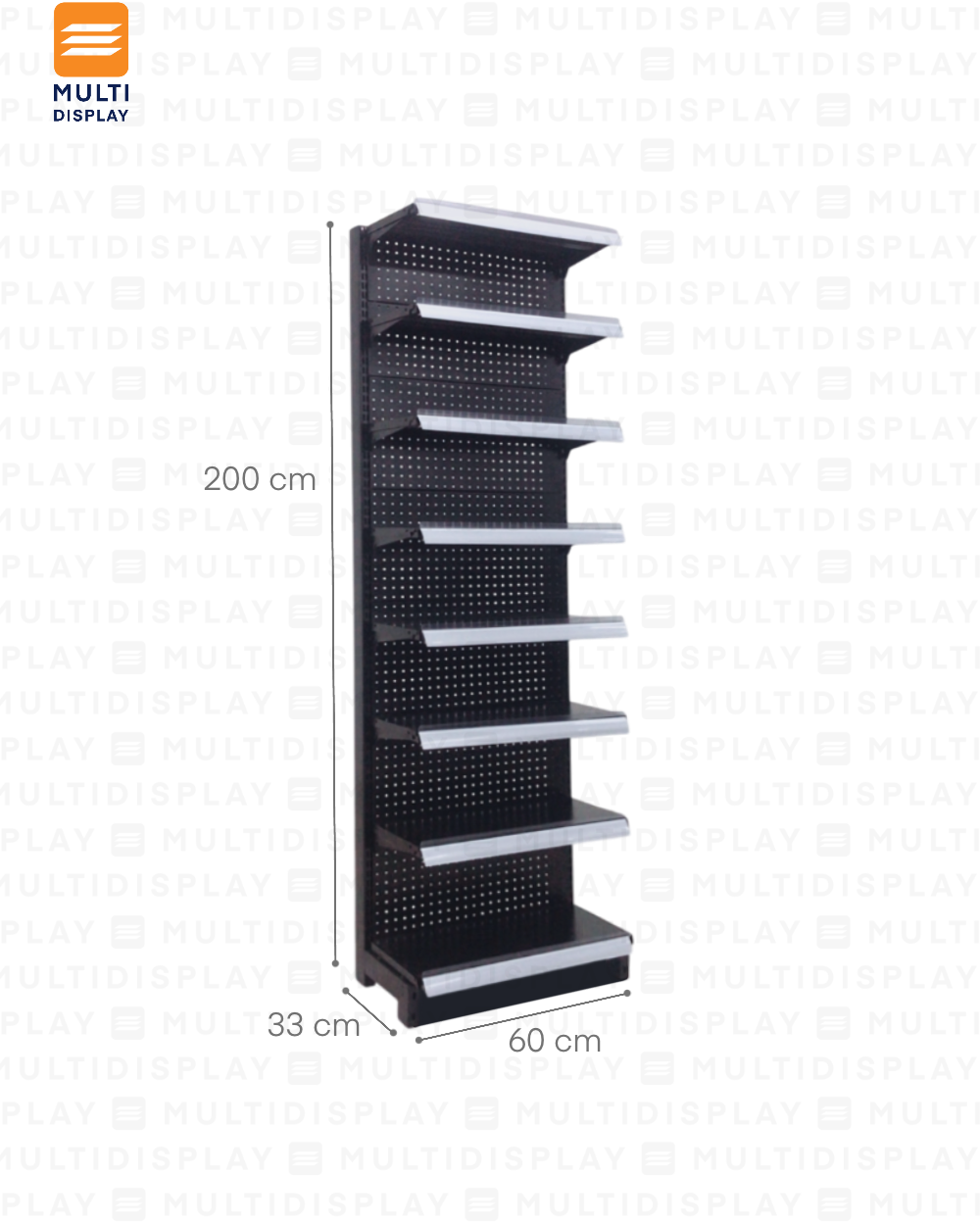 Gondola Frontal Inicial 60x30x200cm 8 Tablilla, Perf Negro, 60kg