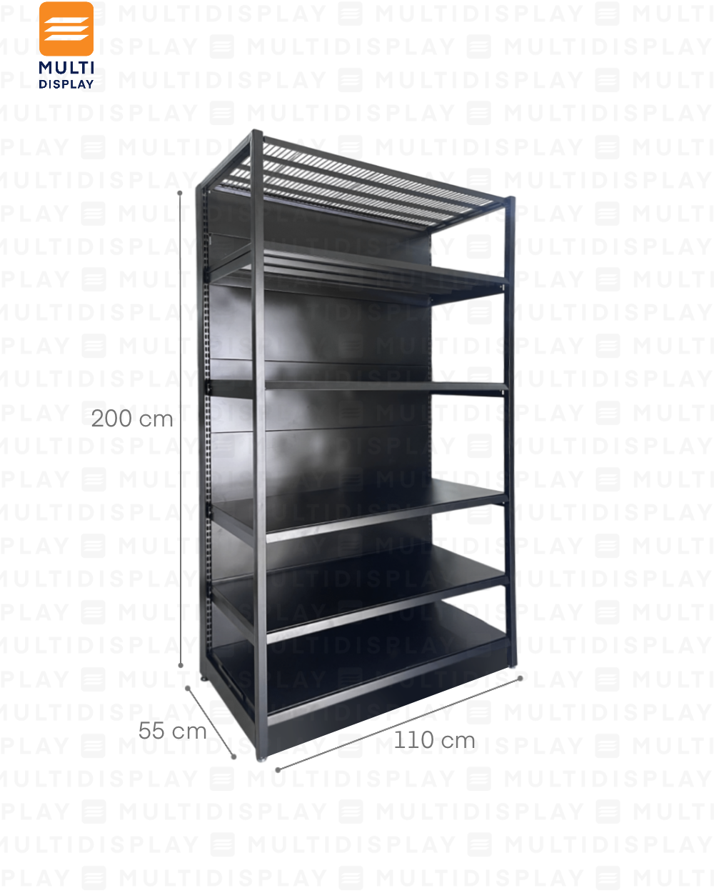 Gondola Frontal 4 Postes Inicial 110x55x200cm 6 Tablillas, Liso Negro, 200kg