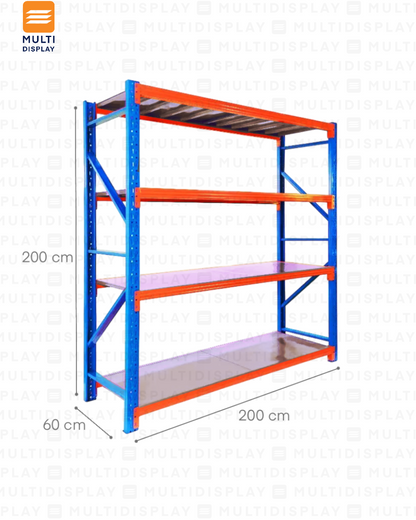 Estante de Deposito Inicial 300kg 4 niveles, 200x60x200cm, Marca CMJ, Azul Naranja