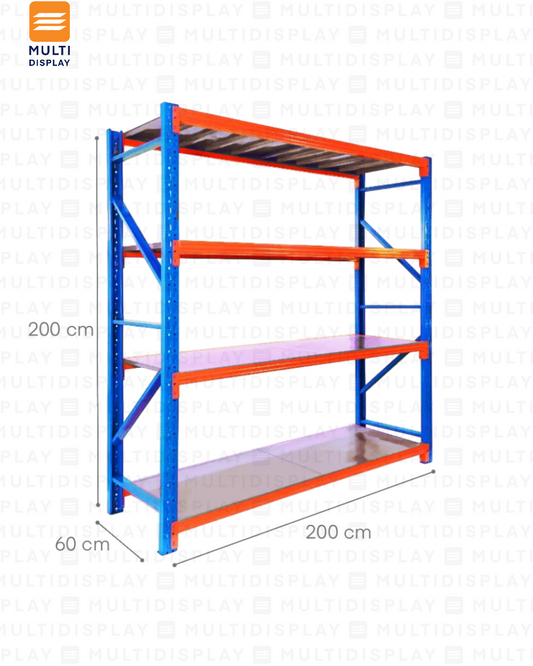 Estante de Deposito Inicial 300kg 4 niveles, 200x60x200cm, Marca CMJ, Azul Naranja