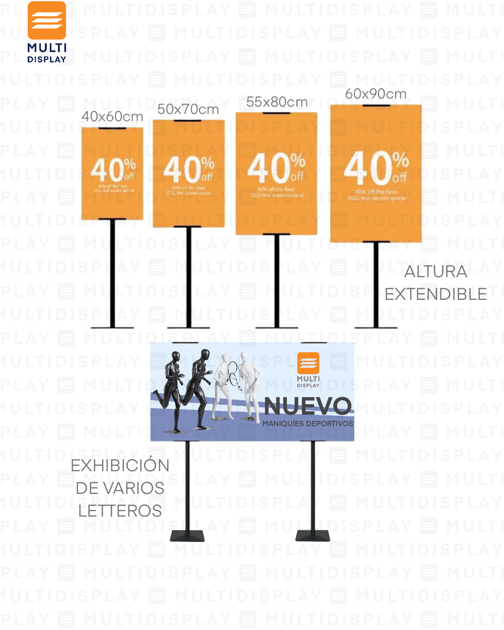 Portabanner Piso Elevado Letrero Ajustable hasta 104cm base Cuadrado, Negro