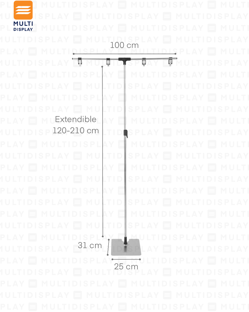 Portabanner Piso Elevado Clip T 100cm Extendible hasta 210cm, Cromado