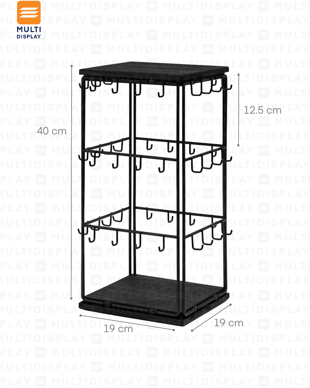 Exhibidor de Accesorio Rack Giratorio Metalico 3 Niveles, 19x40cm, Negro
