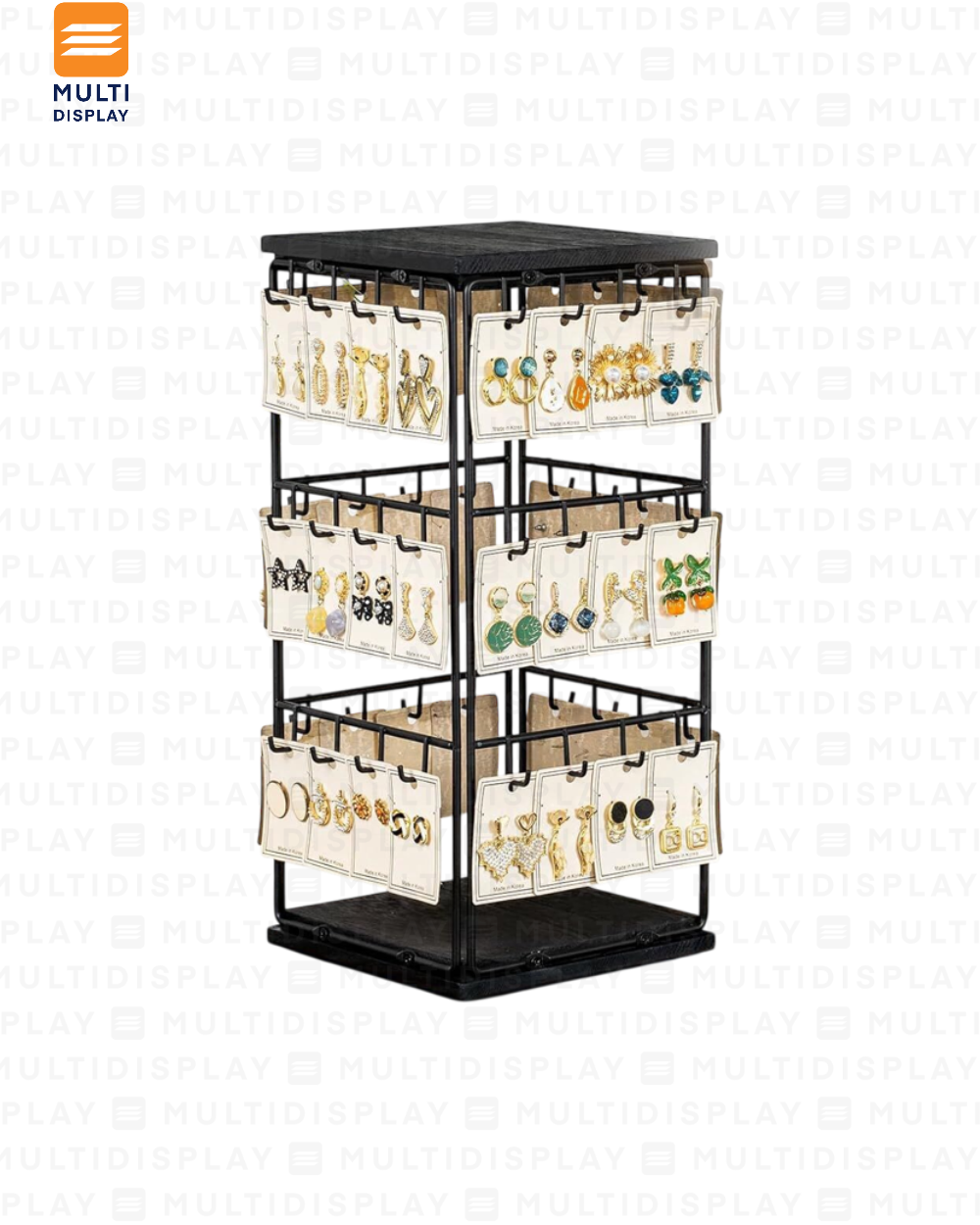 Exhibidor de Accesorio Rack Giratorio Metalico 3 Niveles, 19x40cm, Negro