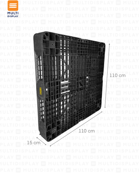 Pallet Plastico de Segunda, Perimetro Completo, 6 Patines, 4 Entradas, 3000kg, 110x15x110cm, Negro