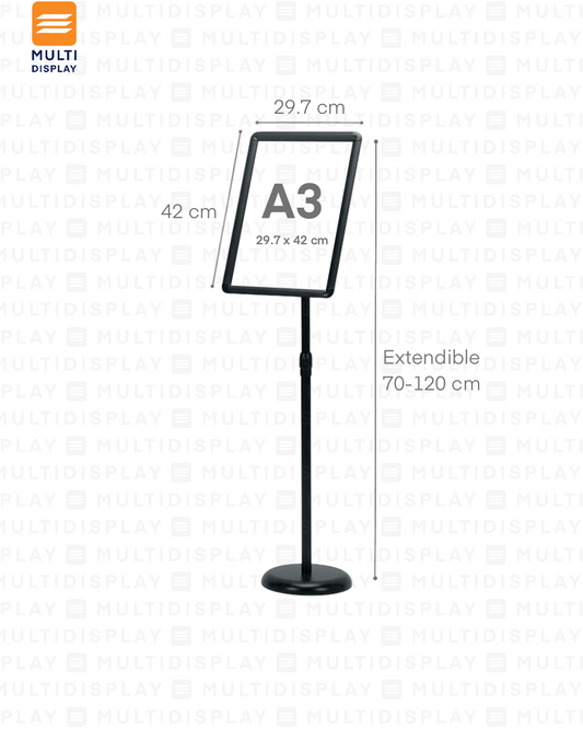Portabanner Piso Elevado A3 21x29cm Metalico base Redondo, Negro