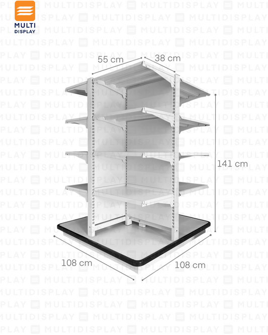 Gondola 4 Lados Central de Piso 108x108x141cm 5 Tablilla con Base, Liso Blanco, 60kg