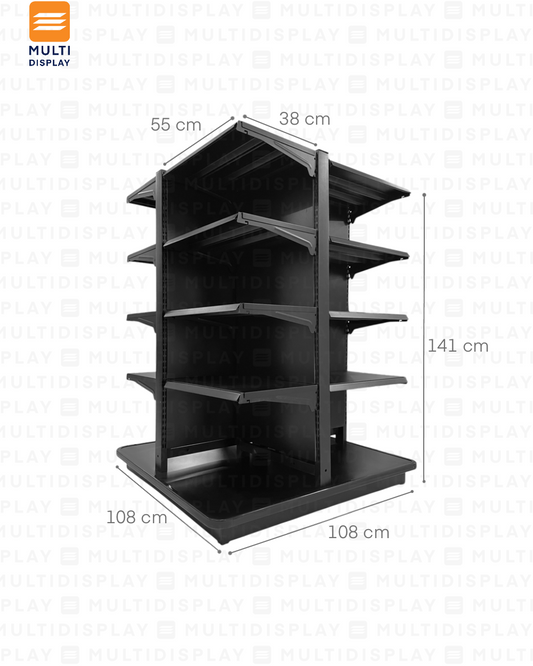 Gondola 4 Lados Central de Piso 108x108x141cm 5 Tablilla con Base, Liso Negro, 60kg