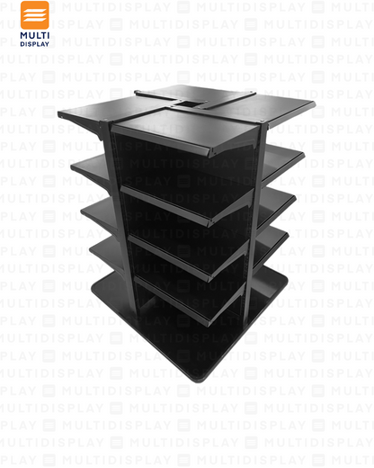 Gondola 4 Lados Central de Piso 108x108x141cm 5 Tablilla con Base, Liso Negro, 60kg