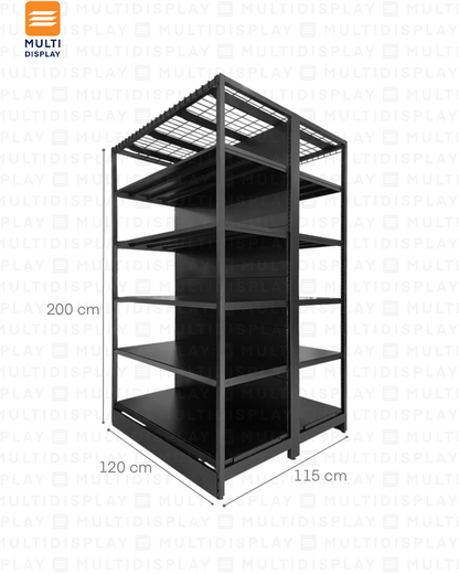 Gondola Doble 4 Postes Inicial 120x115x200cm 6 Tablillas, Liso Negro, 225kg