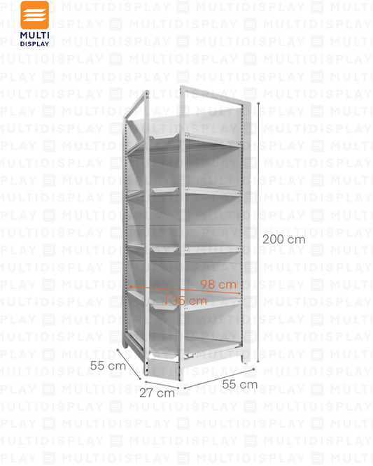 Gondola Esquinera 4 Postes 55x55x200cm 5 Tablillas, Liso Blanco, 250kg