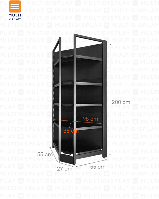 Gondola Esquinera 4 Postes 55x55x200cm 5 Tablillas, Liso Negro, 250kg