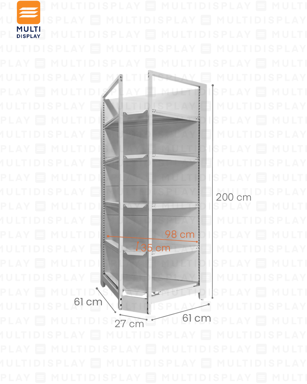 Gondola Esquinera 4 Postes 61x61x200cm 5 Tablillas, Liso Blanco, 250kg