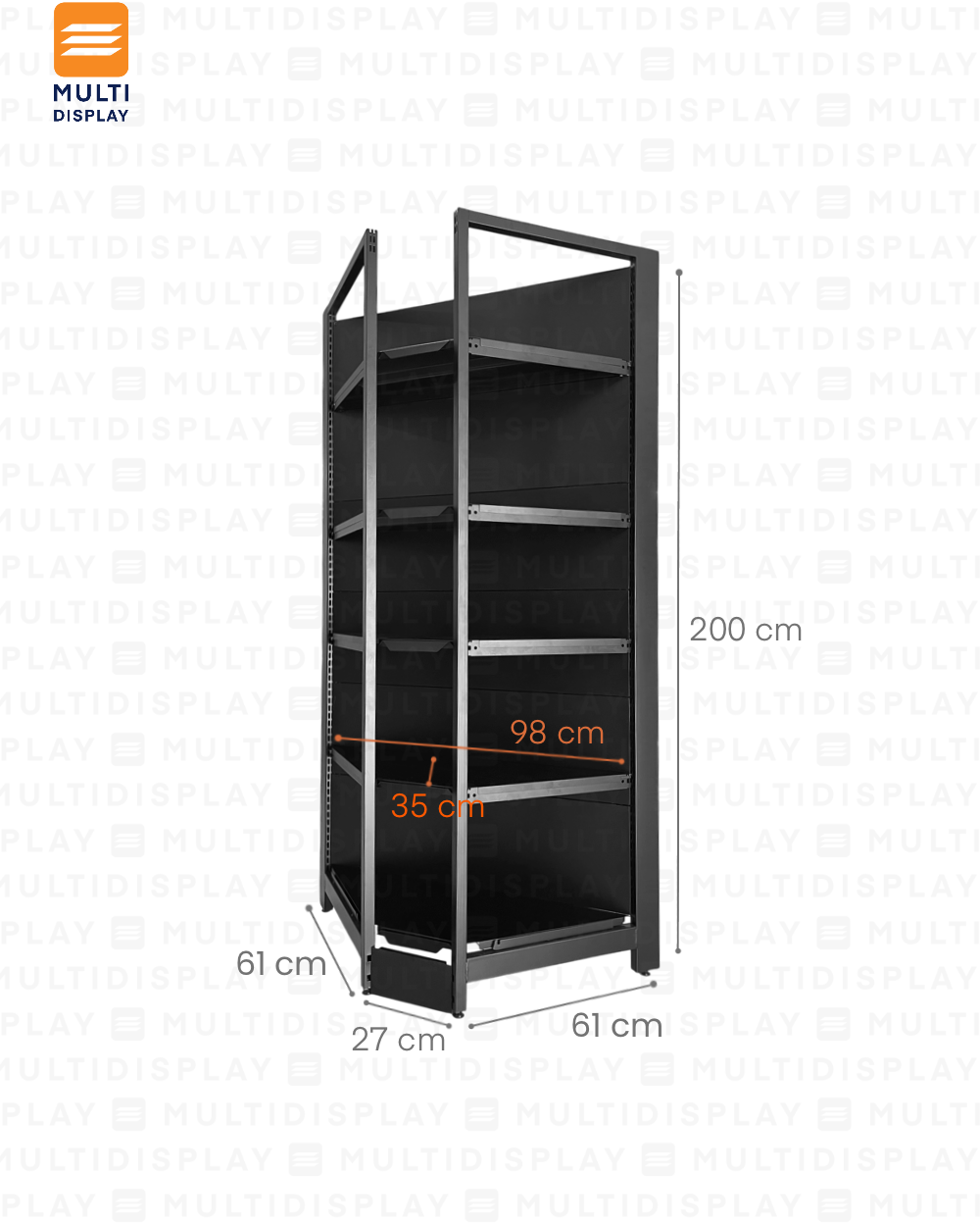 Gondola Esquinera 4 Postes 61x61x200cm 5 Tablillas, Liso Negro, 250kg