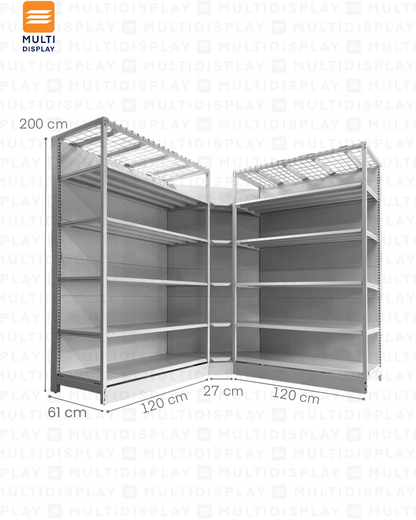 Gondola Esquinera 4 Postes 61x61x200cm 5 Tablillas, Liso Blanco, 250kg