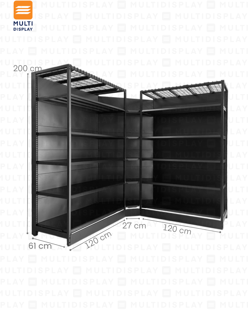 Gondola Esquinera 4 Postes 61x61x200cm 5 Tablillas, Liso Negro, 250kg