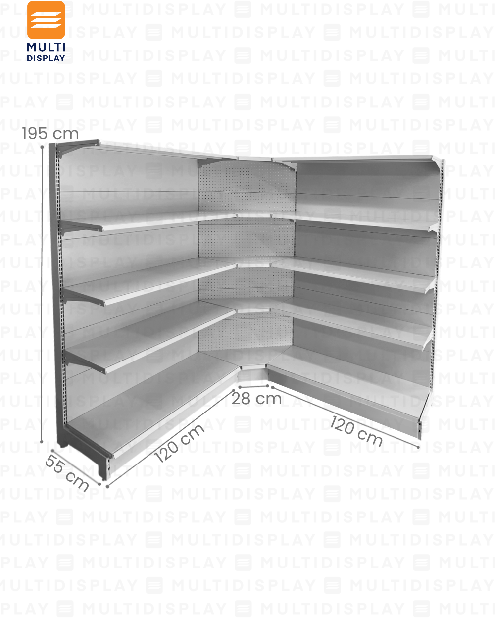 Gondola Esquinera HD 55x55x195cm 5 Tablillas, Perf. Blanco, 140kg