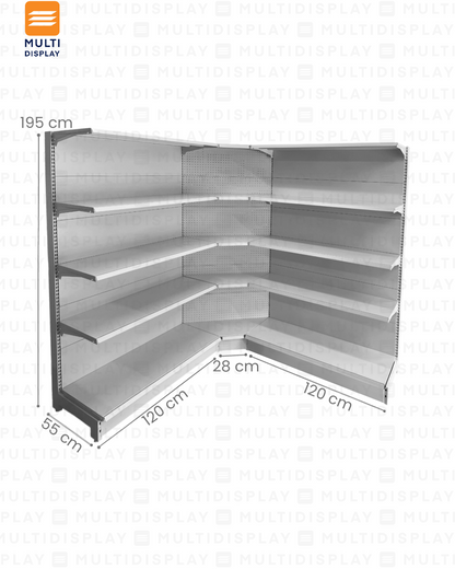 Gondola Esquinera HD 55x55x195cm 5 Tablillas, Perf. Blanco, 140kg