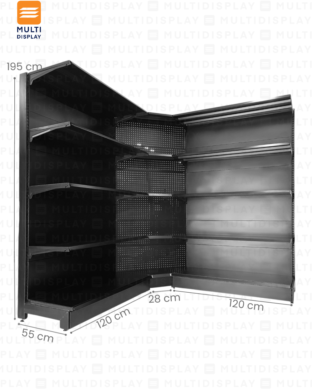 Gondola Esquinera HD 55x55x195cm 5 Tablillas, Perf. Negro, 140kg