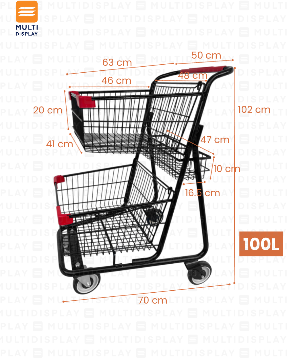 Carretilla de Supermercado Doble 100L con Cesta, Metal Negro