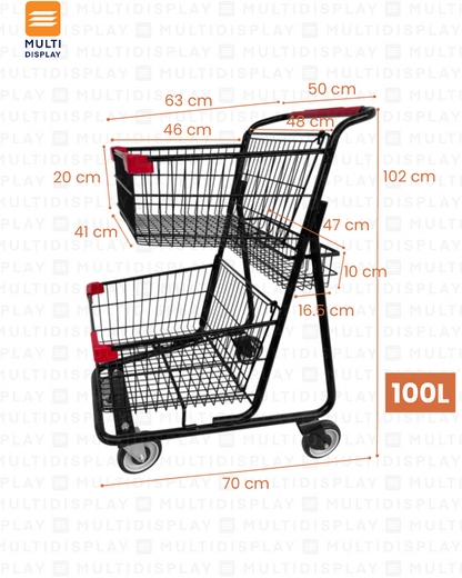 Carretilla de Supermercado Doble 100L con Cesta, Metal Negro