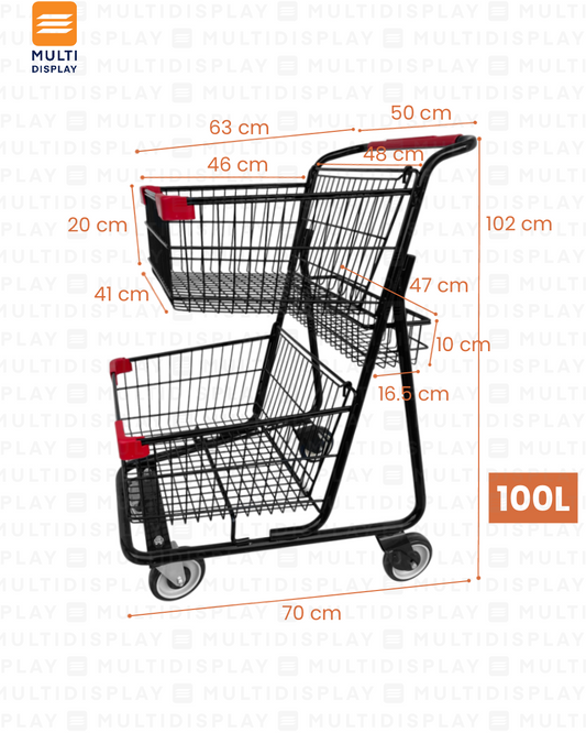 Carretilla de Supermercado Doble 100L con Cesta, Metal Negro