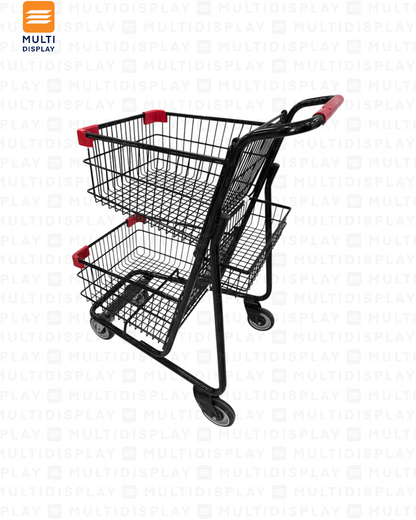 Carretilla de Supermercado Doble 100L con Cesta, Metal Negro