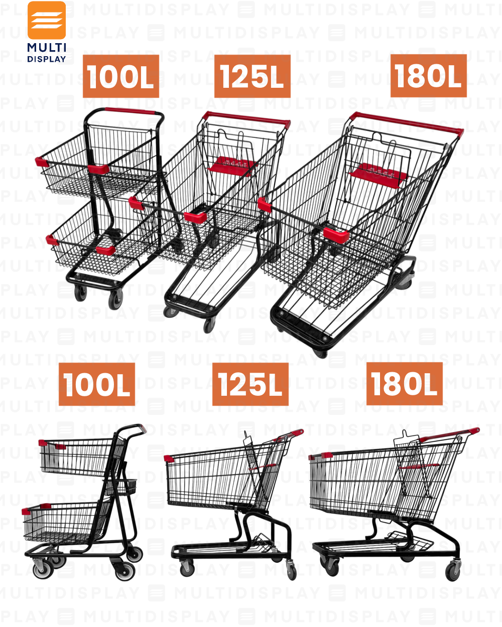 Carretilla de Supermercado 180L con Nivel Base, Metal Negro